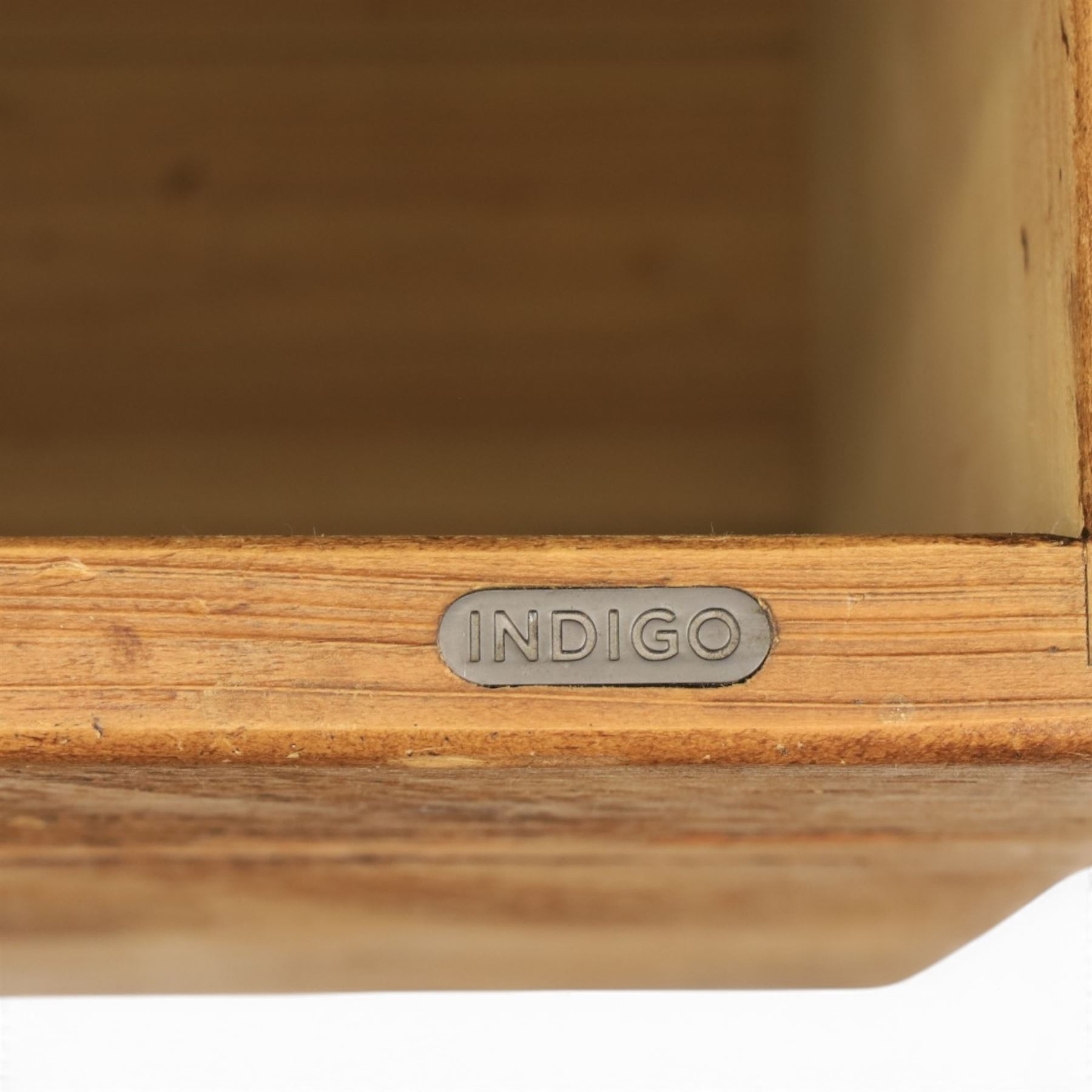 Indigo Furniture - rustic oak shelving unit with cupboard, with five open shelves and one drawer with metal cup handle