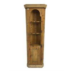 Traditional rustic pine corner unit, fitted with two open shelves over single cupboard