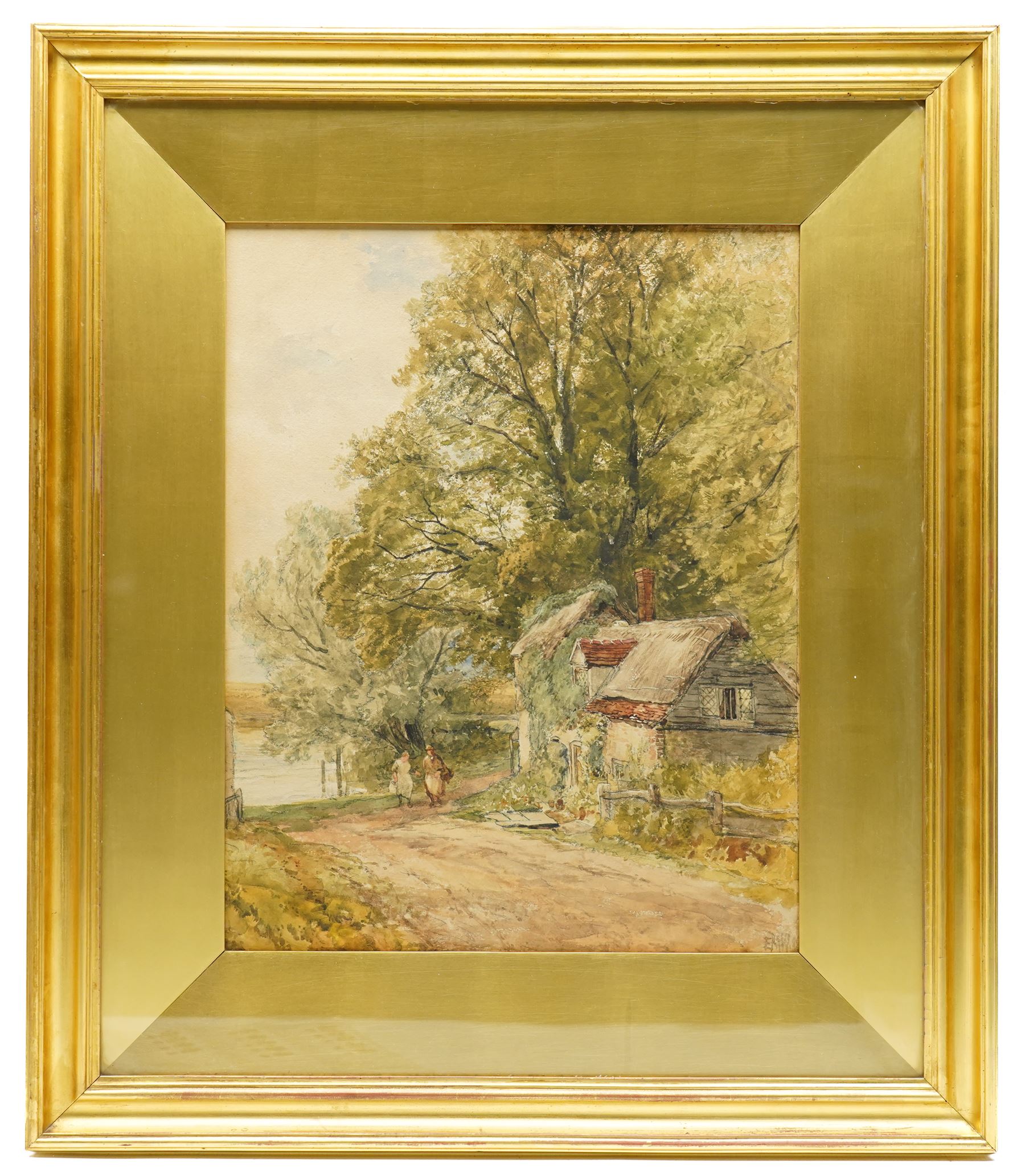 Edmund Morison Wimperis (British 1835-1900): Figures by a Lakeside Cottage, watercolour signed with initials and dated '88, 42cm x 33cm
