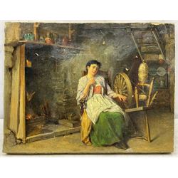 English School (19th century): Girl at a Spinning Wheel, oil on canvas unsigned 33cm x 44cm (unframed)