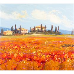 Bruno Tinucci (Italian 1947-): 'Il Sole di Mezzogiorno VI' - Poppy Fields, oil on canvas signed, titled on Platinum Galleries certificate 44cm x 49cm 