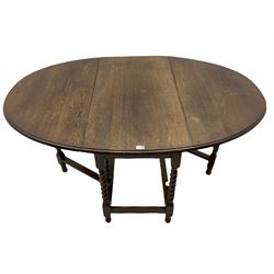 Early 20th century oak barley twist drop leaf dining table (105cm x 154cm, H74cm), and four chairs 