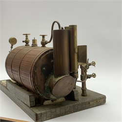 Scale built live steam model of a steam engine, planked clad and coopered copper boiler with brass pipework, manometer and water level gauge, on simulated brick wooden base L49cm H22cm