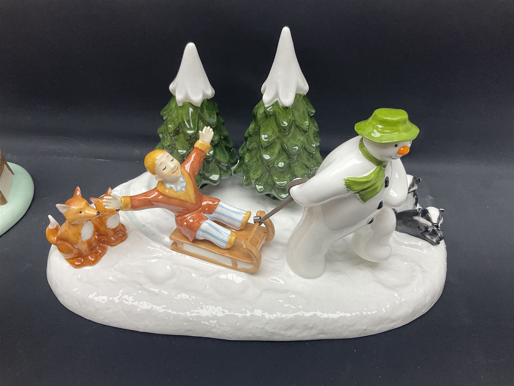 Three Coalport Characters The Snowman figures, comprising Dinner for Two, Off Piste and Winter Fun, all with certificates and original boxes 