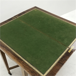 Edwardian inlaid rosewood card table, fold over moulded rectangular top with baize lined interior, square tapering supports jointed by undertier, W92cm, H73cm, D45cm