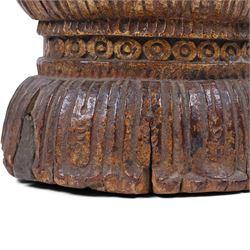 Late 18th century, carved wooden buddha, seated cross legged on a lotus base, with traces of original painted decoration, H35cm 