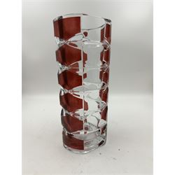 Sklo Union clear glass labrinth vase by Frantisek Vizner, together with two Luminarc geometric cranberry glass vases,Whitefriars style vase in the tangerine colourway, and one other 