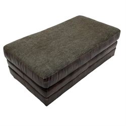 Large Knole design three-seat sofa upholstered in brown leather with scatter cushions upholstered in contrasting striped and Union Jack patterned fabric, on block feet (W210cm, H100cm, D102cm); together with matching rectangular footstool (135cm x 75cm, H45cm)