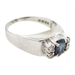 18ct white gold oval cut sapphire and four stone, round brilliant cut diamond ring, hallmarked, sapphire approx 0.60 carat