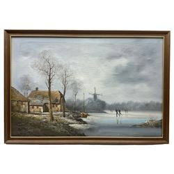 Continental School (20th century): Ice Skating on Dutch Canal, oil on canvas indistinctly signed 59cm x 89cm 