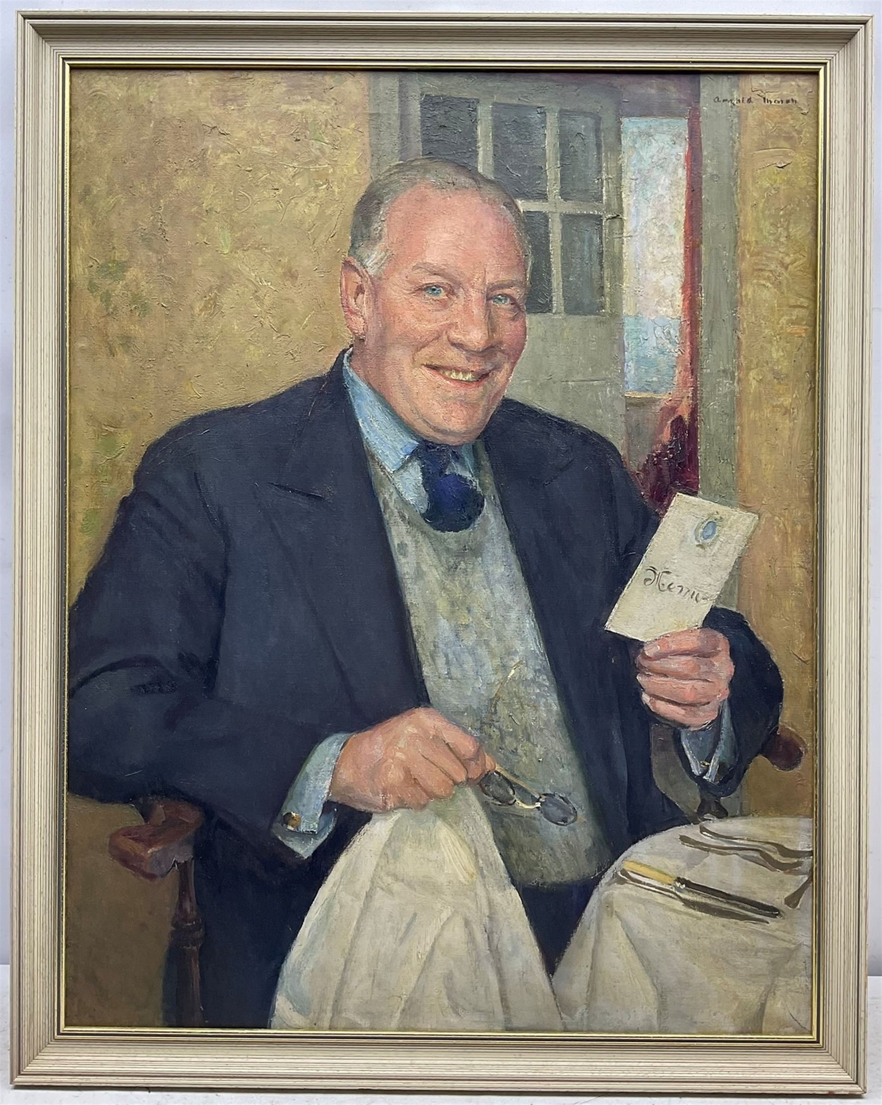 Arnold Henry Mason RA (British 1885-1963): 'The Optimist' - Portrait of H A Thompson, oil on canvas signed 90cm x 70cm
Provenance: exh. Royal Academy 1945, No.466. H A Thompson was Chairman of the London Civil Defence Welfare and a member of the London Toy Committee for Homeless Children. This was one of seven portraits Mason exhibited in the same 1945 exhibition 