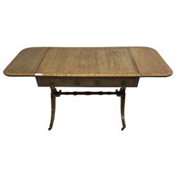 Regency mahogany sofa table, rectangular crossbanded top with twin drop-leaf ends, fitted with single drawer and one faux drawer, raised on shaped end supports united by ring turned stretcher