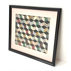 A framed and glazed geometric patchwork section, overall H60cm L66cm. 