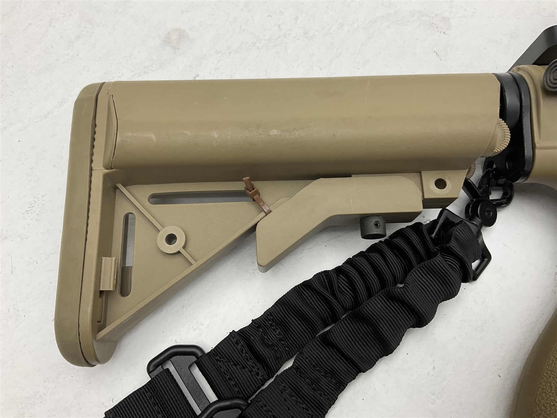 Combat Machine lithium battery powered airsoft BB rifle, 'Complete AEG Series' to fire 5mm pellets, with adjustable length stock L69cm non-extended; with six magazines, Trijicon ACOG red dot telescopic sight, battery charger etc (NO BATTERIES)