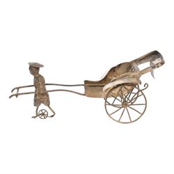 Silver cutlery comprising three teaspoons and two butter knives, a silver handled hook and a silver plated Chinese rickshaw cruet