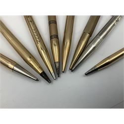Five gold filled Wahl Eversharp propelling pencils, together with a silver propelling pencil, hallmarked London 1946, J.M.Co Johnson, Matthey & Co, and two further gold filled propelling pencils, one with box, largest L13cm (8)