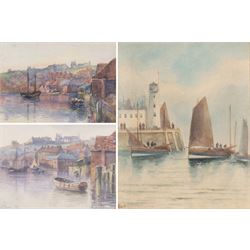 A Smith (British 19th/20th Century): Scarborough Pier Lighthouse, watercolour indistinctly signed 24cm x 19cm; C Marr (British 19th/20th Century): 'Whitby Harbour', two watercolours signed, one titled verso, 20cm x 28cm and 22cm x 29cm (3)