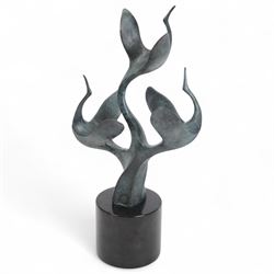 Bronze sculpture modelled as a trio of herons taking flight upon a circular marble base, s...