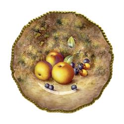 Mid 20th century Royal Worcester cabinet plate decorated by John Freeman, of circular form with gilt shaped rim, hand painted with a still life of fruit upon a mossy ground, signed Freeman, with black printed mark beneath, D27cm