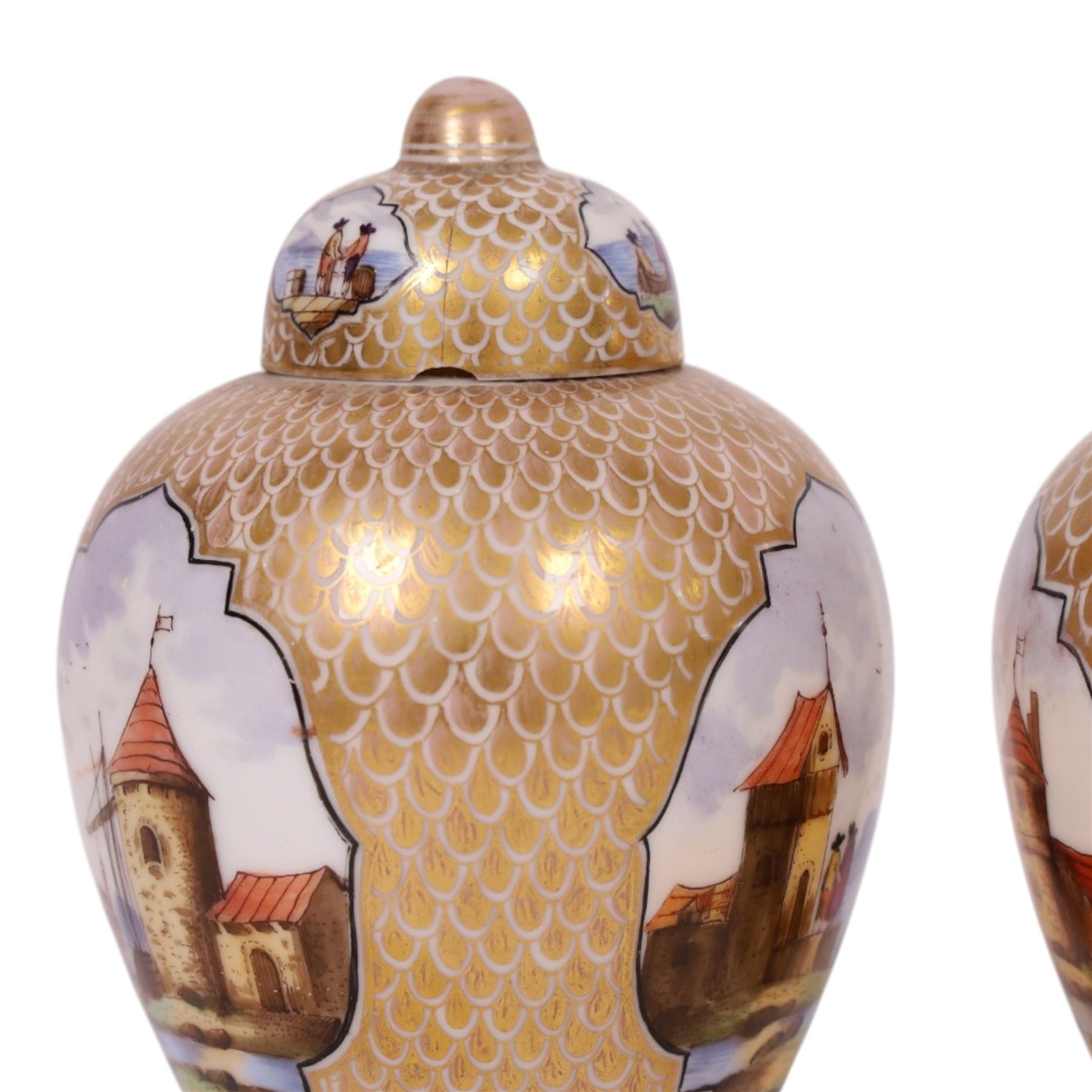 Pair of 19th century Dresden urn and covers, the central panels decorated with figures in landscapes, surrounded by gilt decoration, H15cm 