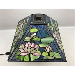 Tiffany Pond Lily style table lamp and shade with leaded panels of green, pink and rippled blue water effect ground, raised upon brushed metal base, H50cm