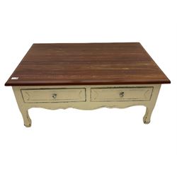 Laura Ashley coffee table, hardwood rectangular top on distressed painted base fitted with two drawers