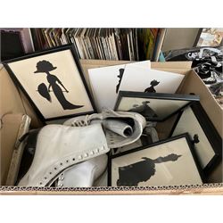 ‘The Early Breakfast’, 19th century hand coloured engraving in Hogarth type frame, vinyl LPs, reproduction silhouettes, two pairs of leather ice skates and tea set depicting a Japanese landscape