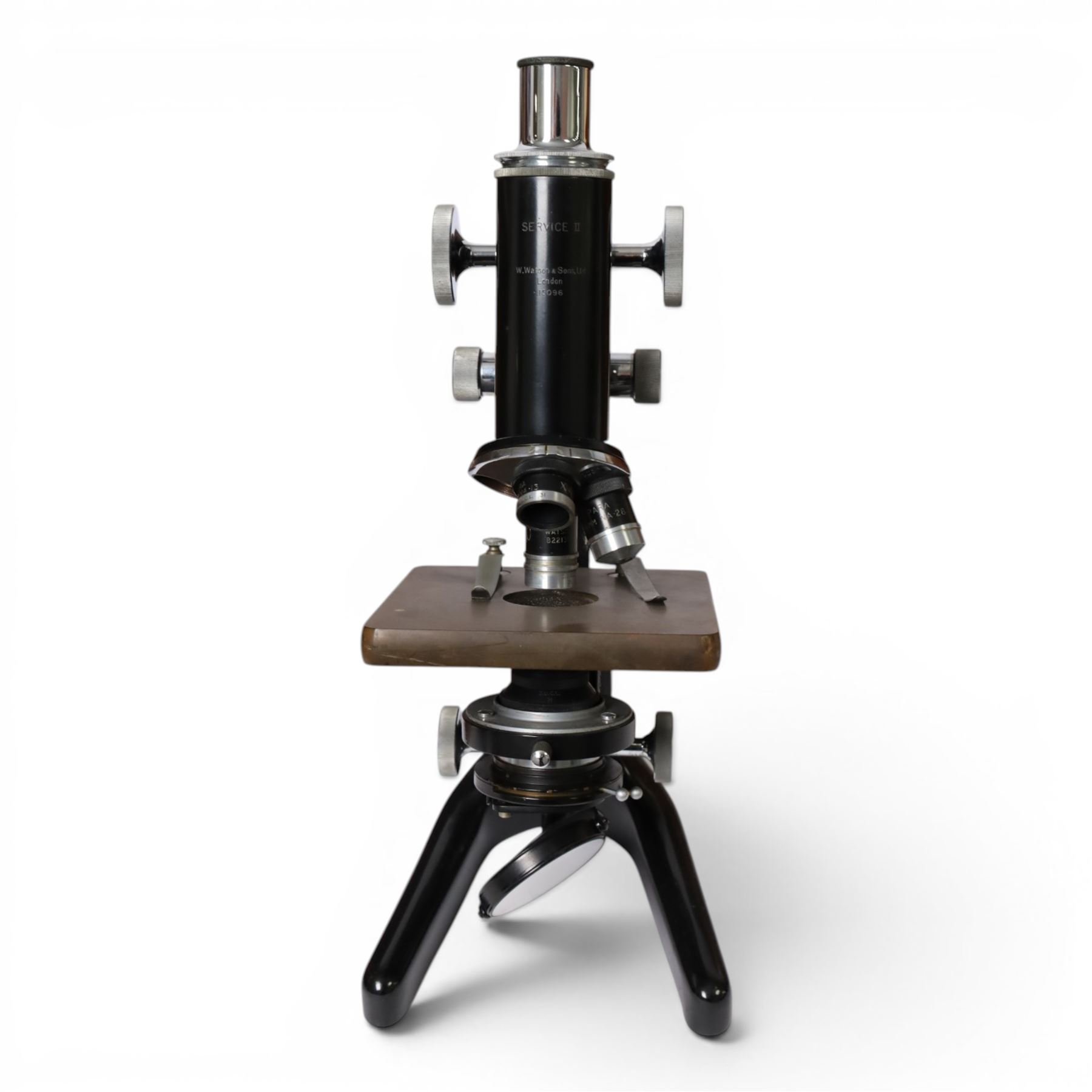 Mid 20th century W.Watson & Sons Ltd Service II microscope, no. 115096, in fitted carry case, originally sold by the Grant Museum of Zoology and Comparative Anatomy on behalf of the Department of Biology, University College London