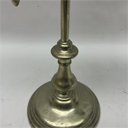 William H Honey polished brass adjustable student's oil lamp, with green glass shade, H60cm
