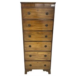19th century mahogany tallboy chest, banded frieze, fitted with six cock-beaded long drawers with circular handle plates, on bracket feet