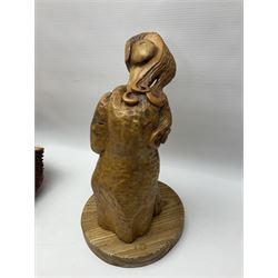 Helen Skelton (British 1933 – 2023): Six carved wooden sculptures, including mushroom and figures, tallest H30cm. Born into an RAF family in 1933 in Kent and travelled the world extensively during her childhood. After settling in Bridlington, Helen immersed herself in painting, textiles, and wood sculpture, often inspired by nature's beauty. Her talent was showcased in a one-woman show at Sewerby Hall and recognised with the sculpture prize at Ferens Art Gallery in 2000. Sadly, Helen’s daughter passed away from cancer in 2005. This loss inspired Helen to donate her sculptures to Marie Curie upon her passing in 2023.
