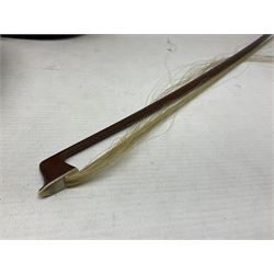 German trade violin 1950s with 36cm two-piece maple back and ribs and spruce top, bears label 'Johann Stainer in Absam prope Oenipontum 1650' L59cm; in carrying case with bow impressed Tourte