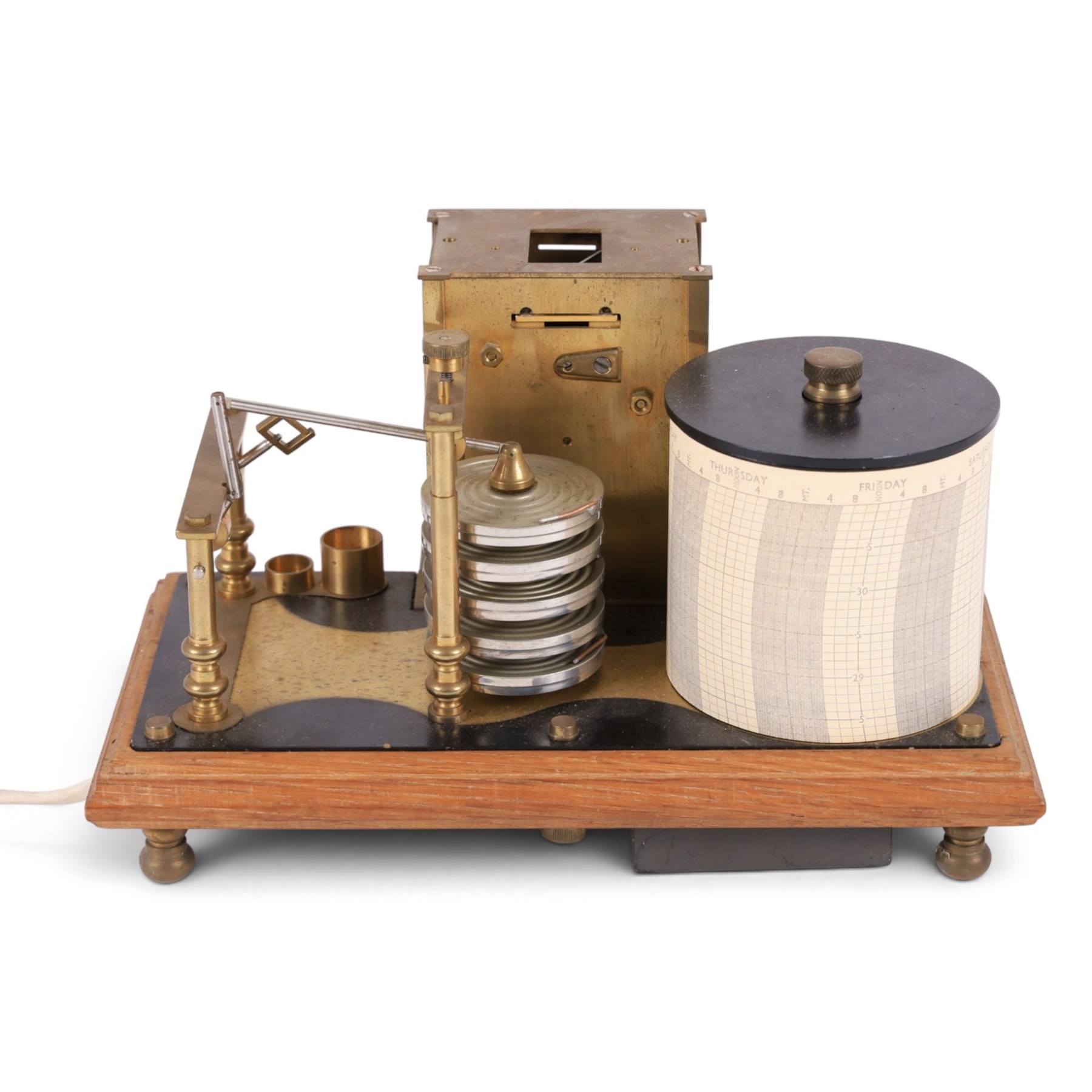 Brass barograph with integral brass clock, upon a wooden wooden plinth