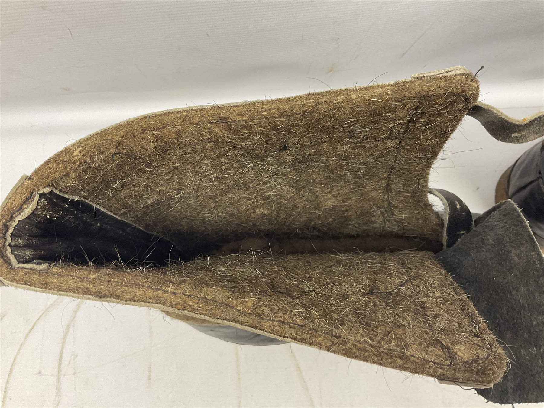 Pair of German winter snow boots, leather and felt with wooden soles; together with a replica WW2 German Luftwaffe car pennant (3)