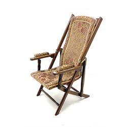 Late 19th century folding campaign chair, upholstered in patterned fabric 