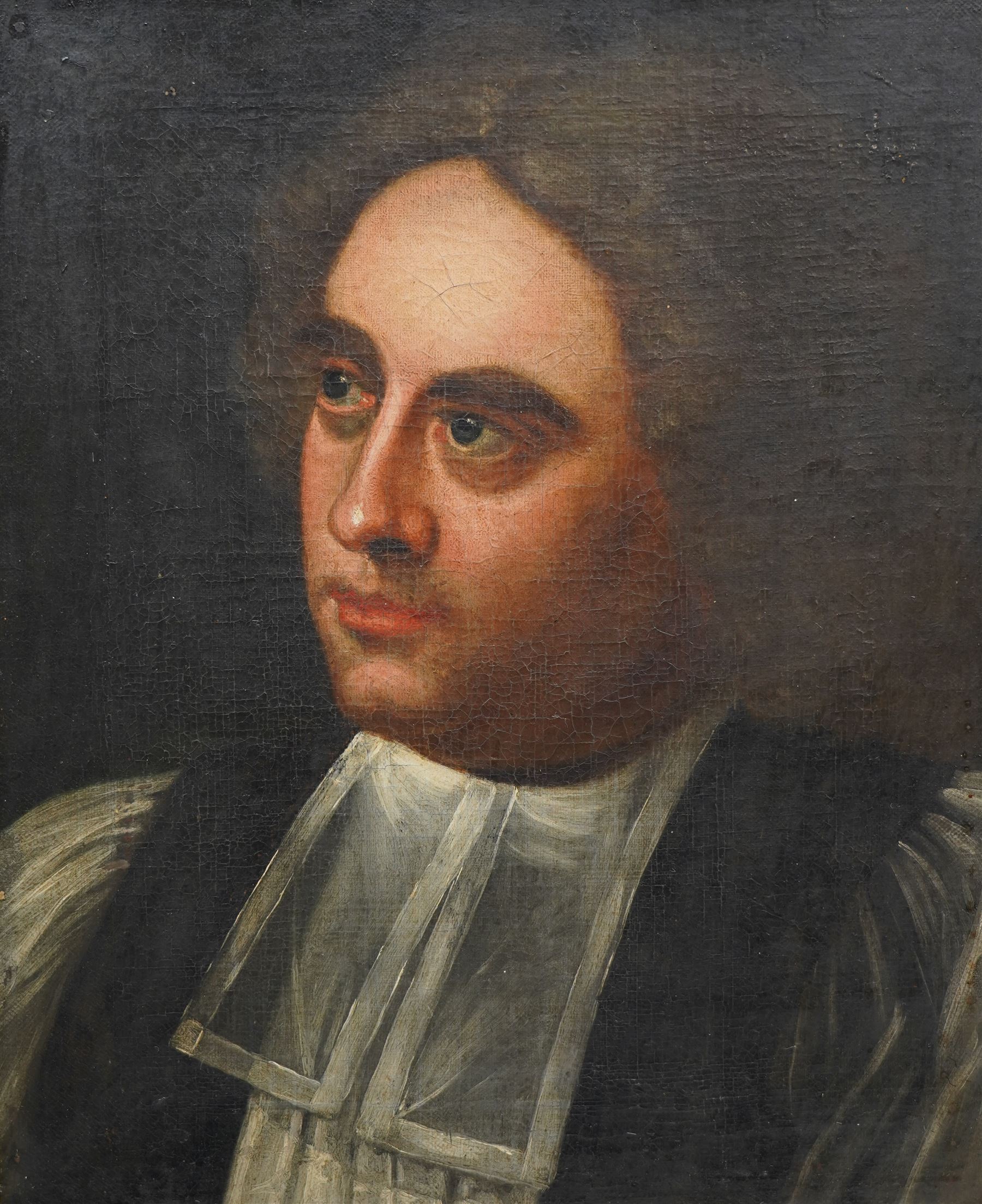 Irish School (Early 18th century): Portrait of 'Bishop George Berkeley (Irish 1685-1753)', oil on canvas unsigned, inscribed on label verso 43cm x 35cm
Provenance: direct from the family of the sitter through descent.
Notes: inscription verso reads: 'Born at Dysart Castle, Bishop of Cloyne. Great Irish Philosopher, amongst the earliest to maintain 'The Extreme Spiritualistic Theory'. Proposed there were no more grounds for doubting the existence of spirit than for denying the existence of matter.' 
The daughter of Bishop Berkeley, Arabella Berkeley, married the Irish politician Sackville Hamilton. 