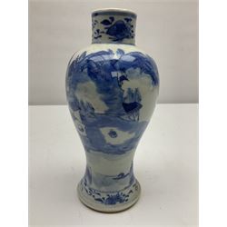 19th century Chinese Kangxi style blue and white jar and cover, decorated with figural and landscape scenes, the domed cover with foo dog finial, with four character marks beneath, H22cm