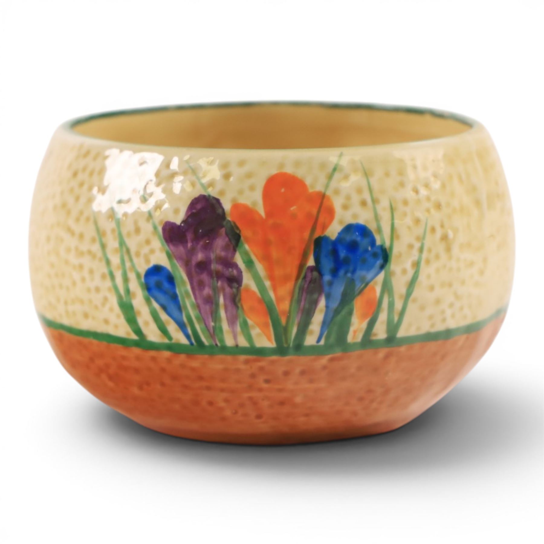 Clarice Cliff Sungleam Crocus pattern plate, together with Crocus pattern preserve jar, both with printed marks beneath, plate D23cm 