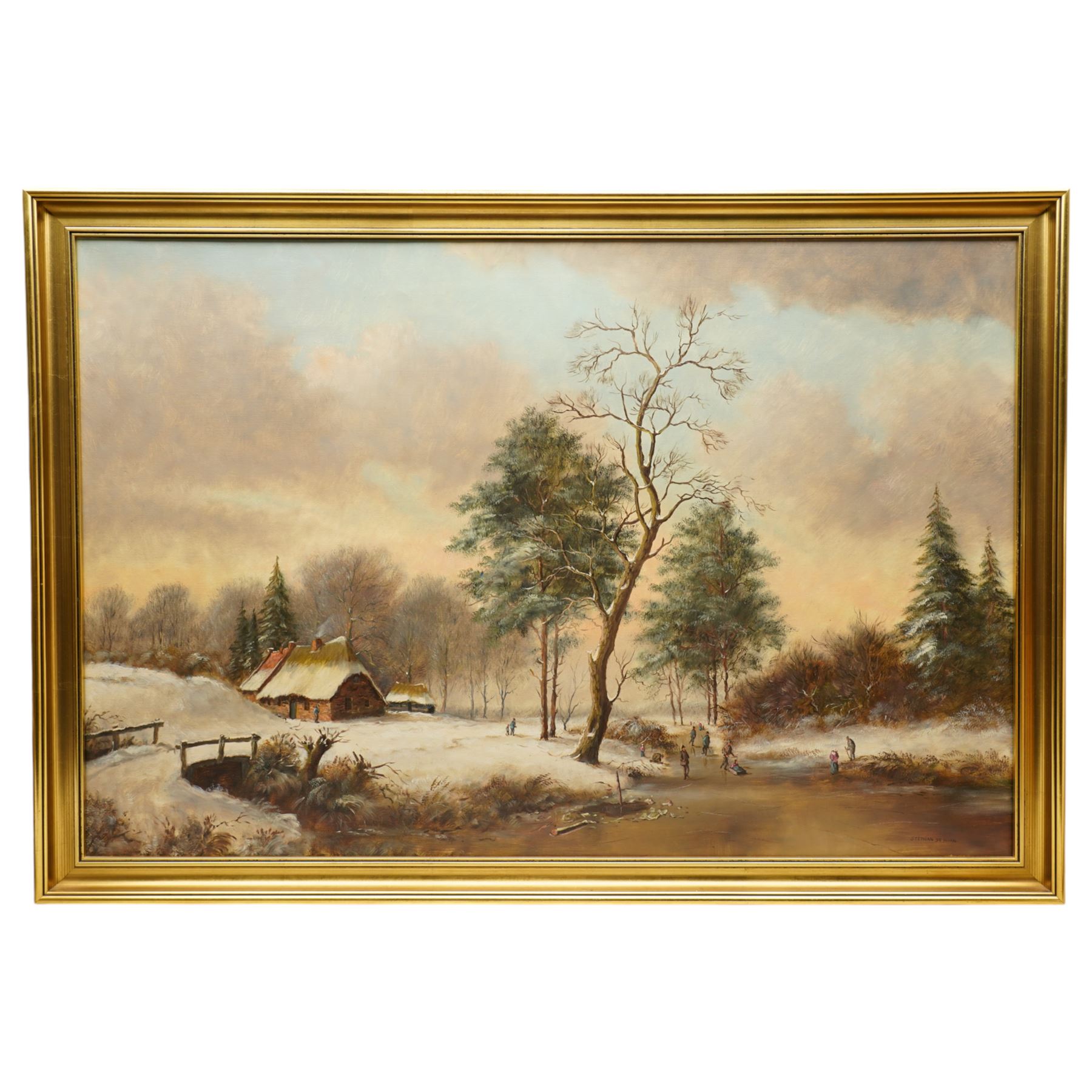 Stephan de Haan (Dutch 1914-): Winter Landscape - Figures Skating on a Frozen River, oil on canvas signed 60cm x 90cm