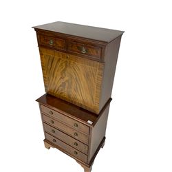 Shaw of London - mahogany secretaire chest, the upper section fitted with two drawers over fall front enclosing drawers, cupboard and pigeon holes, the lower section fitted with four graduating drawers, on bracket feet