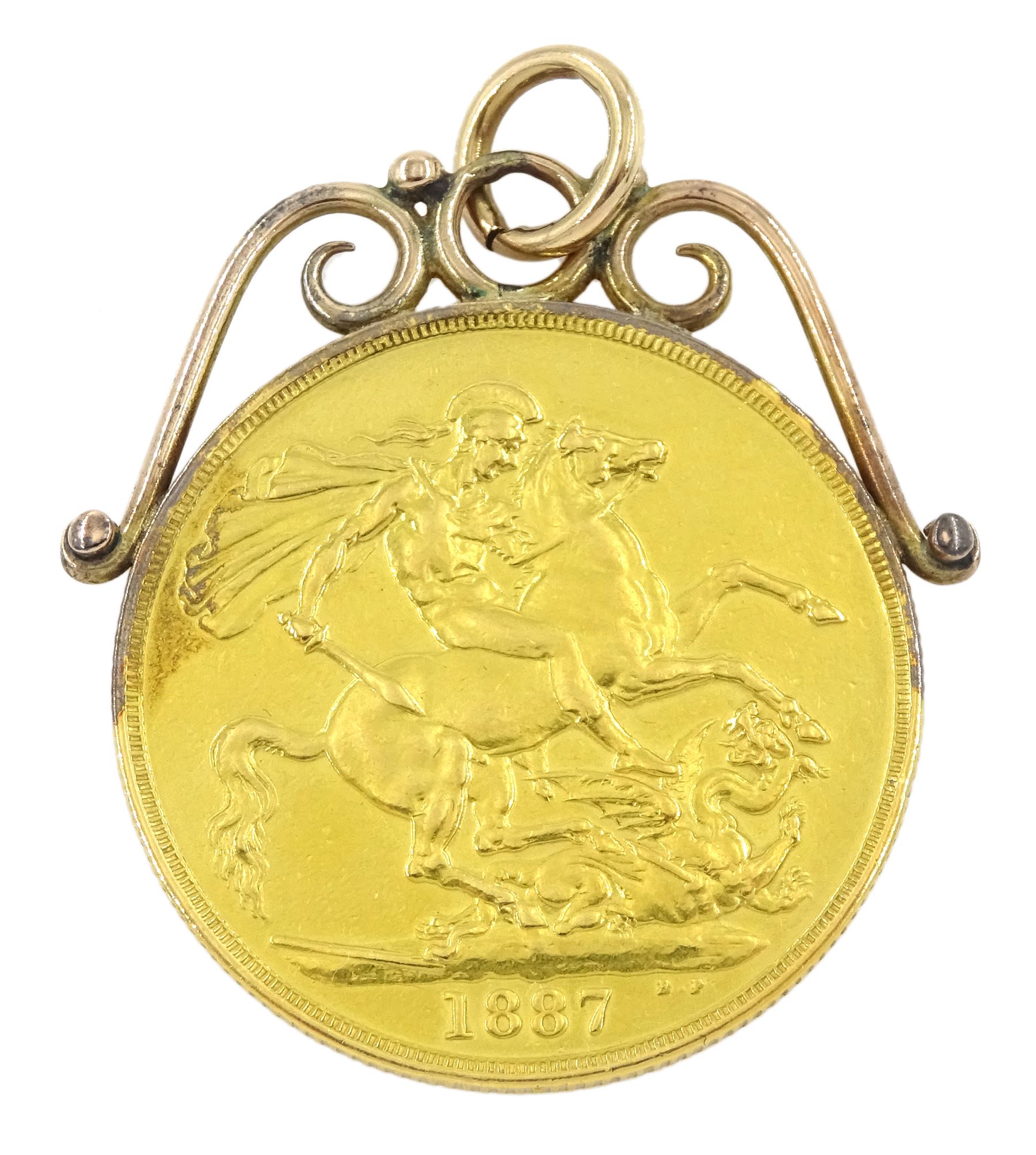 Queen Victoria 1887 gold double sovereign coin, on 10ct gold soldered mount