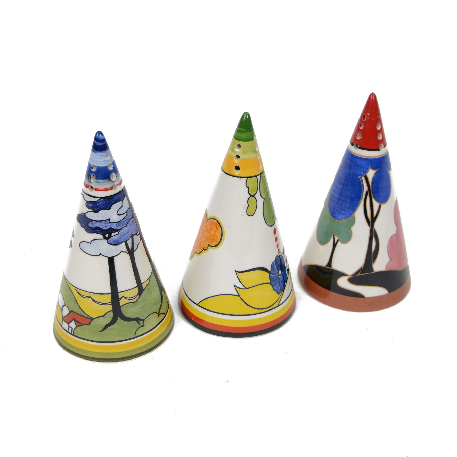 Three Clarice Cliff by Wedgwood sugar shakers, in Autumn, Blue Firs and Cornwall pattern 