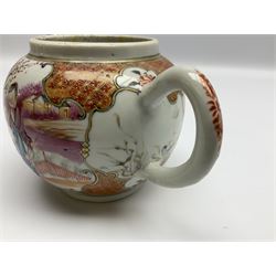 Two late 18th/early 19th century Chinese export teapots, the largest example of globular form with curved handle and straight spout, decorated in the Mandarin style with figural scenes surrounded by red scale reserves, H13.5cm, the second smaller example decorated in underglaze blue with two musicians in a landscape set with willow tree and fence, H10.5cm

