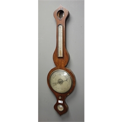  Early 19th century rosewood wheel barometer, silvered engraved dial, with thermometer (H94cm), and an early 20th century beech cased wall clock  