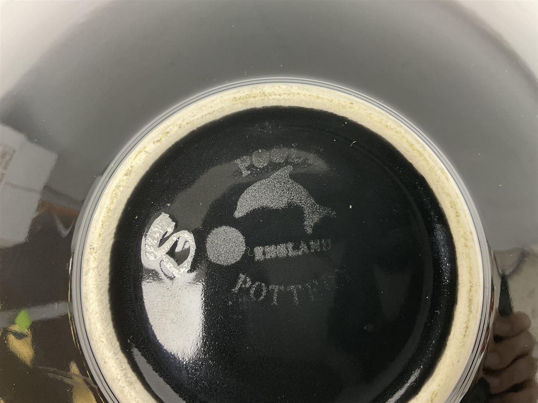 Four pieces of Poole Pottery in Graffiti pattern, comprising pair of vases of baluster form, dish and small plate, with impressed or printed marks beneath, vase H17cm