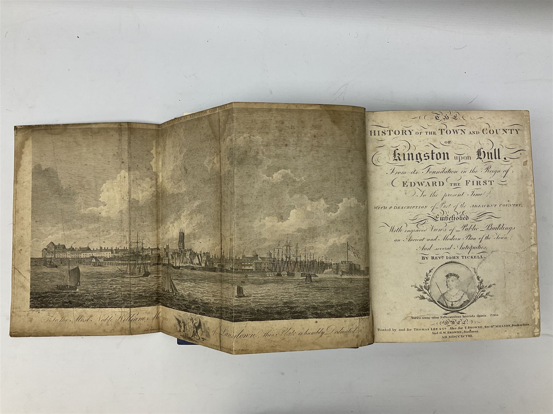 Tickell Rev. John: The History of the Town and County of Kingston upon Hull. 1798 Hull. Linen backed frontispiece and other engraved plates. Rebound in quarter calf with blue boards, marbled edges and new end papers; together with T. Tindall Wildridge: The Hull Letters. Ndc1886 (2)