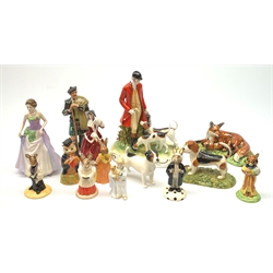 A group of various figurines, comprising five Royal Doulton Bunnykins examples, Ashley The Staffordshire Figurine Collection example, Royal Doulton The Laird HN2361, Royal Doulton Jessica HN3850, Royal Doulton Sleepyhead HN3761, Royal Doulton Hound Dog Collection Beagle, Reflections Anne, a limited edition Royal Stratford hunting figure group 288/950, Royal Stratford fox figure group, and Jack Russel figurine. (14). 
