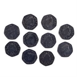 Queen Elizabeth II commemorative fifty pence coins, including London 2012 and Beatrix Potter examples, face value of approximately 122 GBP