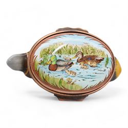 Three Halcyon Days enamel bonbonnieres comprising a mallard, panda and frog, H7cm max (3)