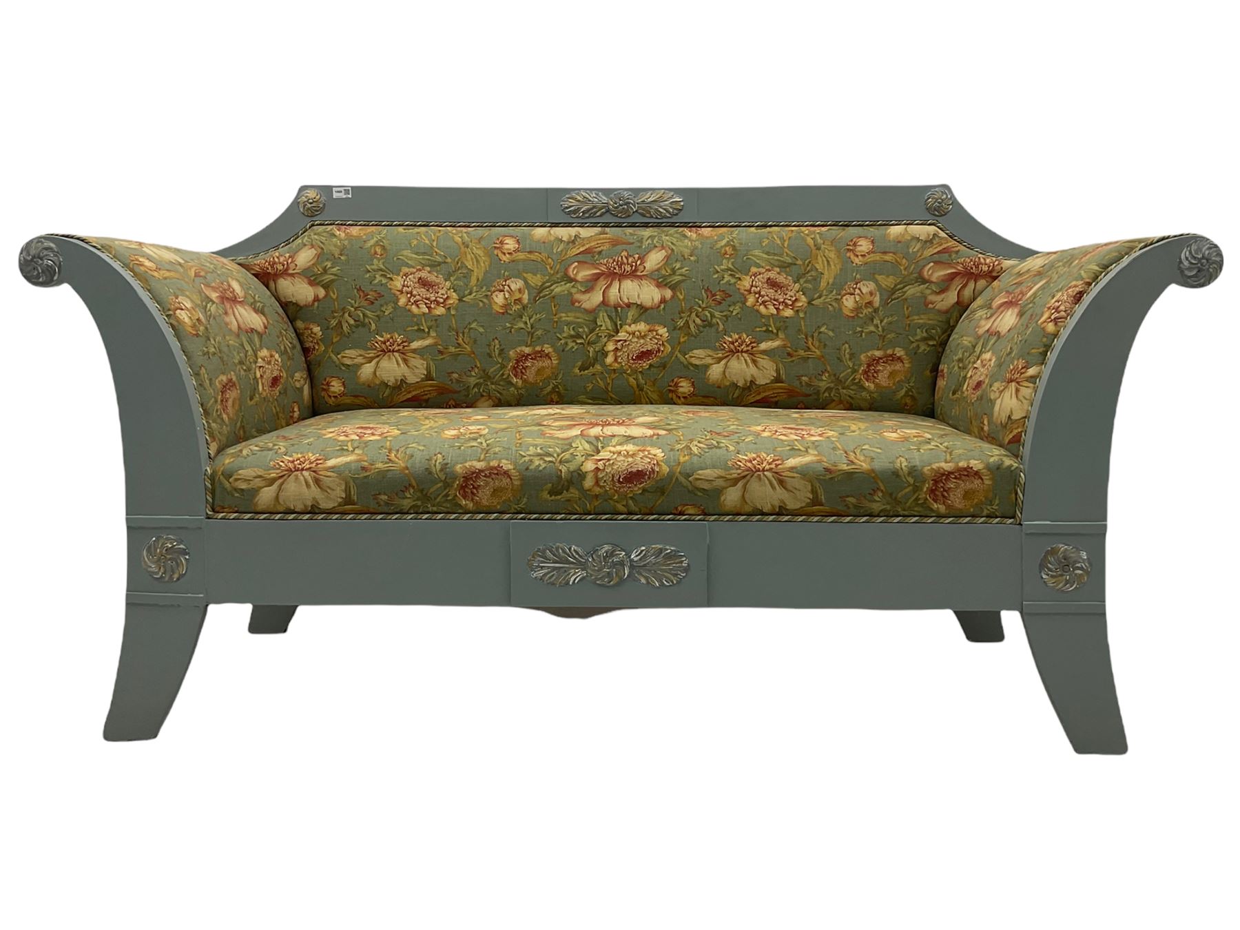 French empire style settee upholstered in 'Leighton' by Margarita Cushing floral fabric, grey painted and gilt frame